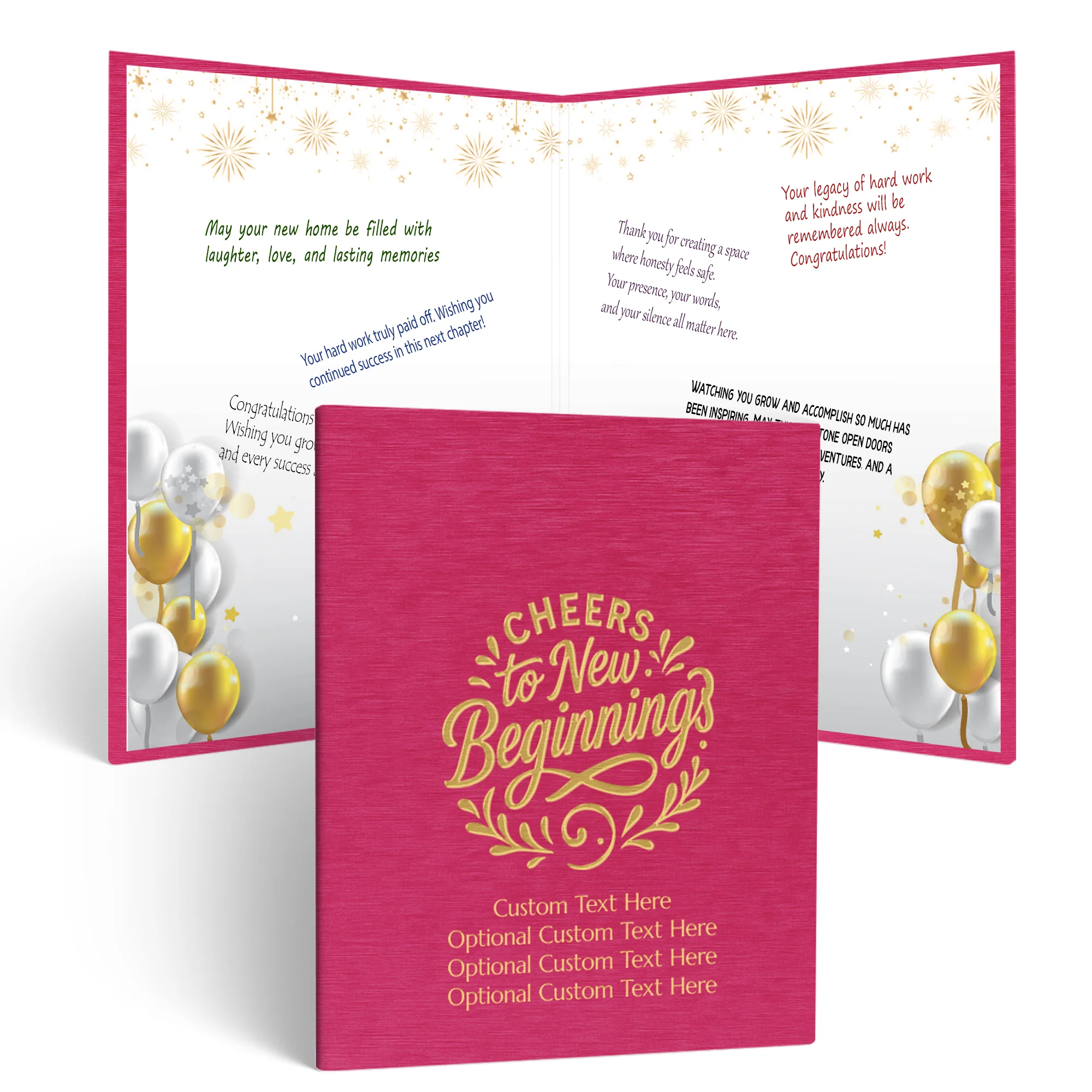 Pink vegan leather multipurpose guest book with a textured cover reading “Cheers to New Beginnings” and customizable lines “Custom Text Here Optional Custom Text Here Optional Custom Text Here Optional Custom Text Here.” Inside, the guest book features go